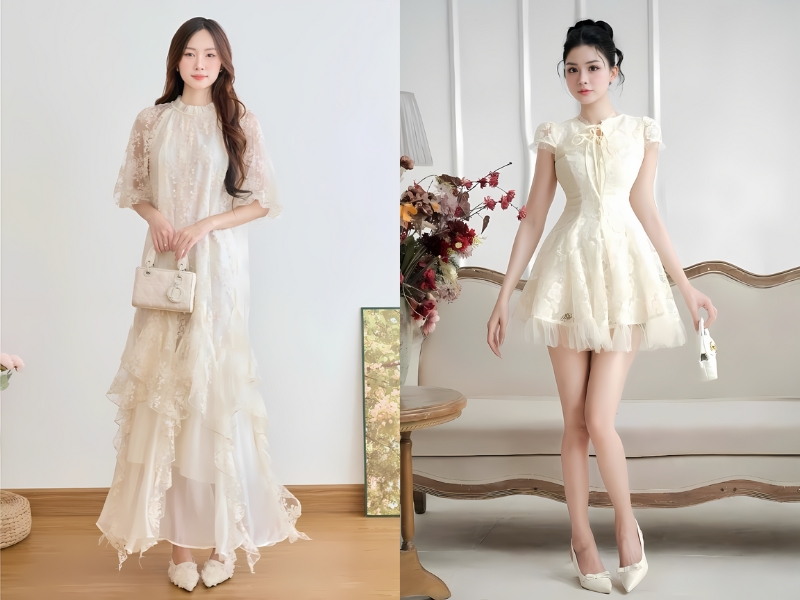 phối đồ đi sinh nhật đơn giản cho nữ với đầm ren trắng