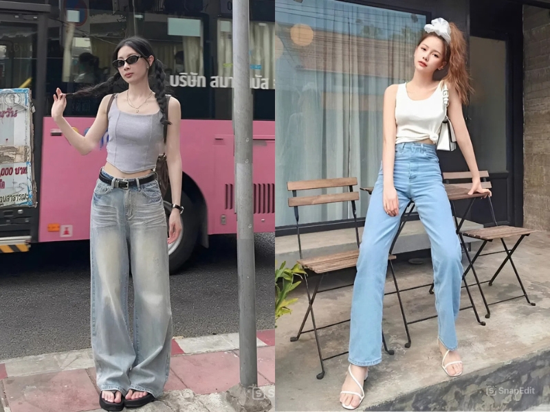 Phối đồ với quần ống suông jean nữ và áo tank top 