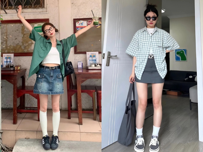 Áo sơ mi khoác ngoài nữ tay ngắn cùng chân váy ngắn