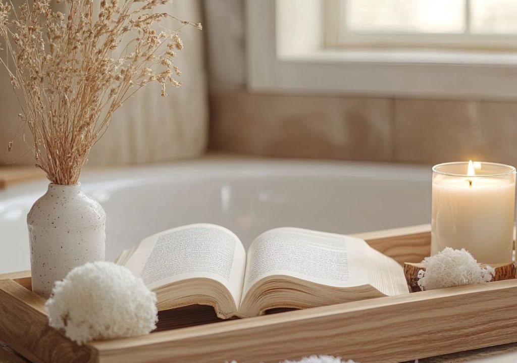 khay để nến thơm, sách, bình hoa trên bồn tắm