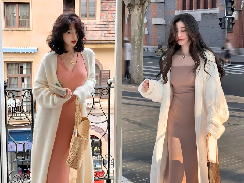 Mix đồ với áo cardigan dáng dài và đầm suông