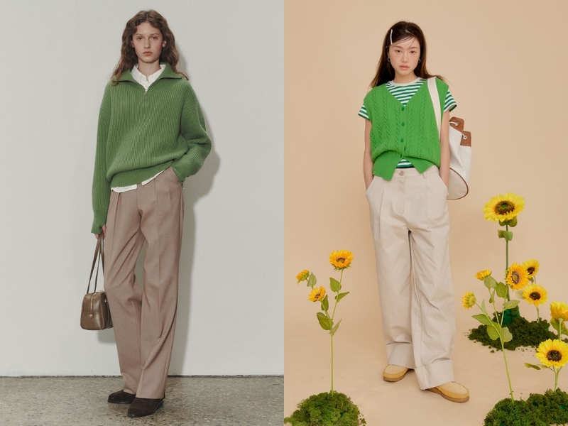 Áo màu xanh lá phối quần be 