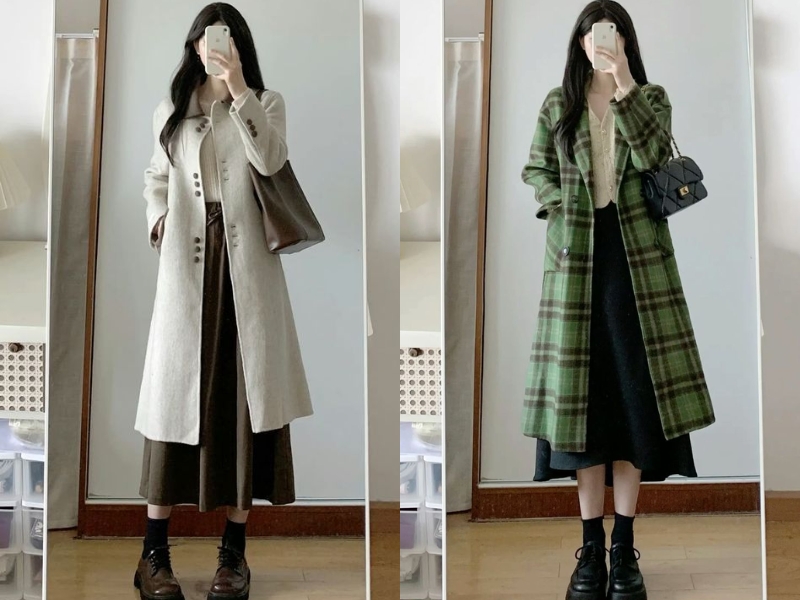 Phối đồ với áo măng tô cùng chân váy midi