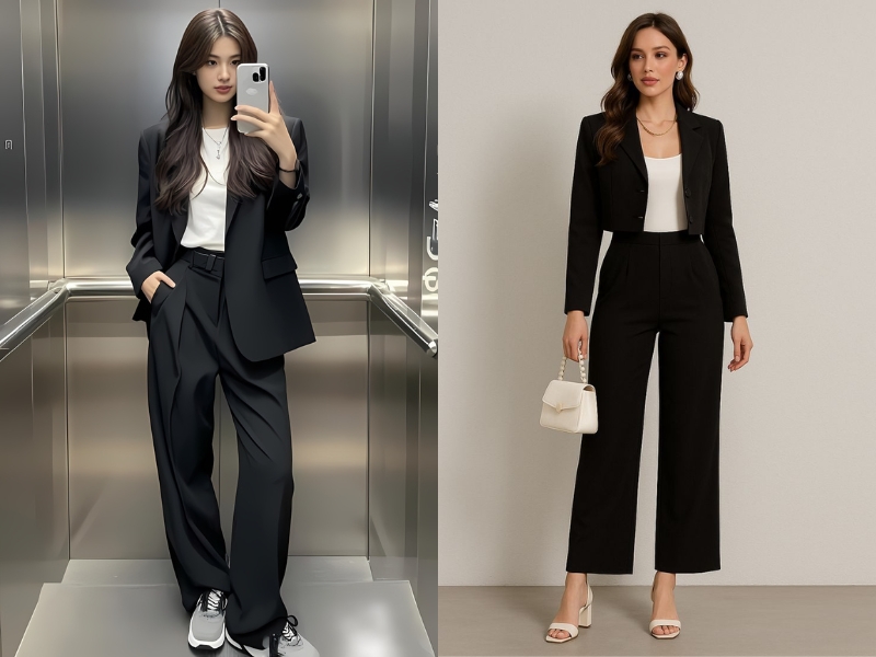 mix áo blazer đen cùng áo thun trắng