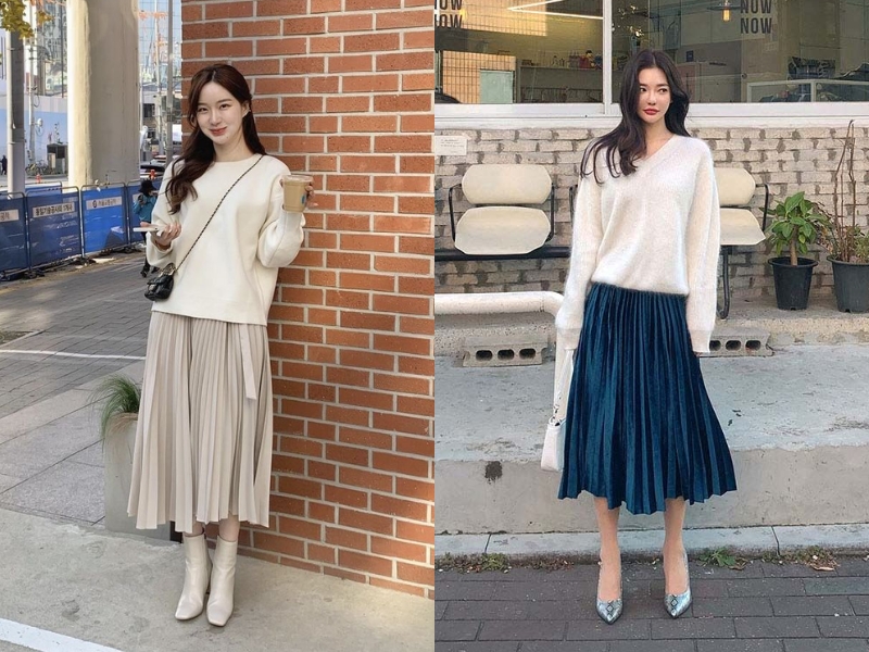 Phối đồ với sweater và chân váy dài
