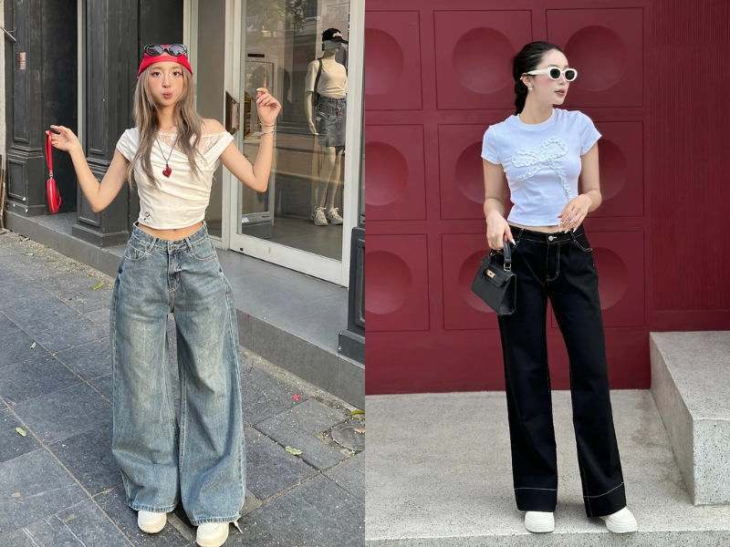 Cách phối đồ nữ style Hàn Quốc áo croptop cùng quần jean