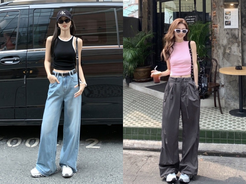 Cách mix áo tank top nữ với quần jean cạp cao