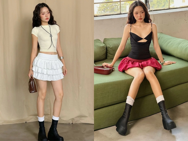 Phối đồ với boot kết hợp chân váy ngắn cùng áo ôm body