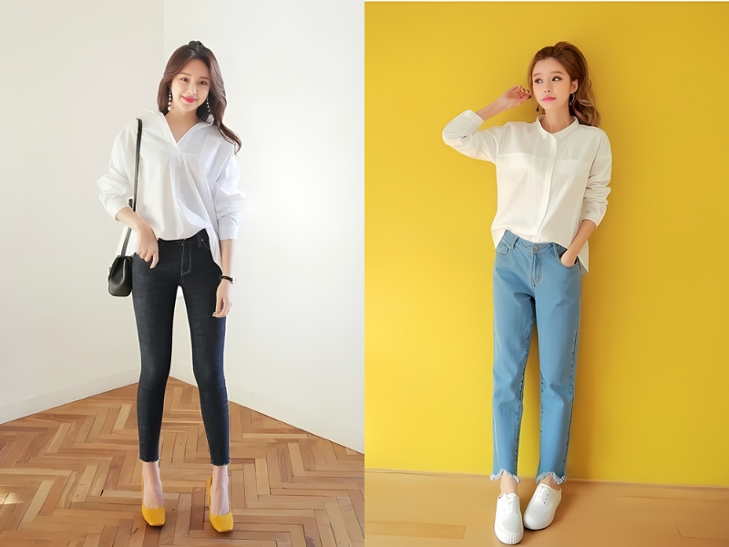 Phối đồ với quần jean ôm nữ cùng áo sơ mi trắng