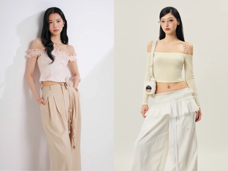 Các mẫu áo croptop hở vai phối với quần ống rộng