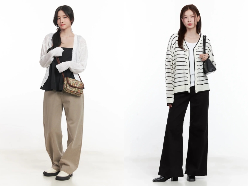 phối áo cardigan với quần dài ống suông