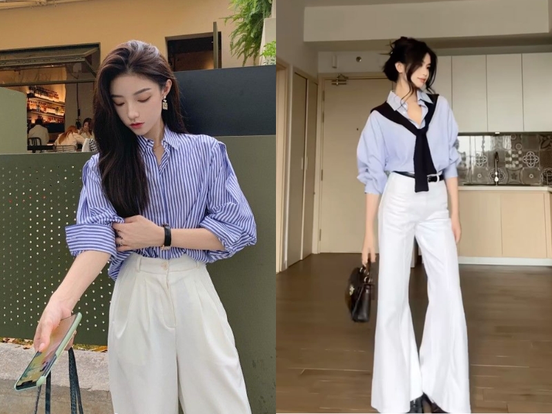 áo sơ mi xanh dương với quần tây.