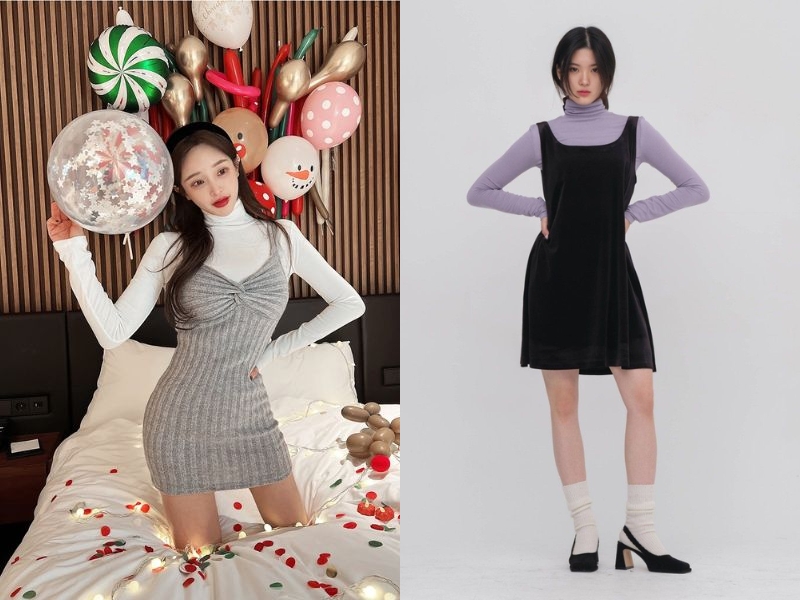 Áo thun cổ lọ phối cùng váy len body
