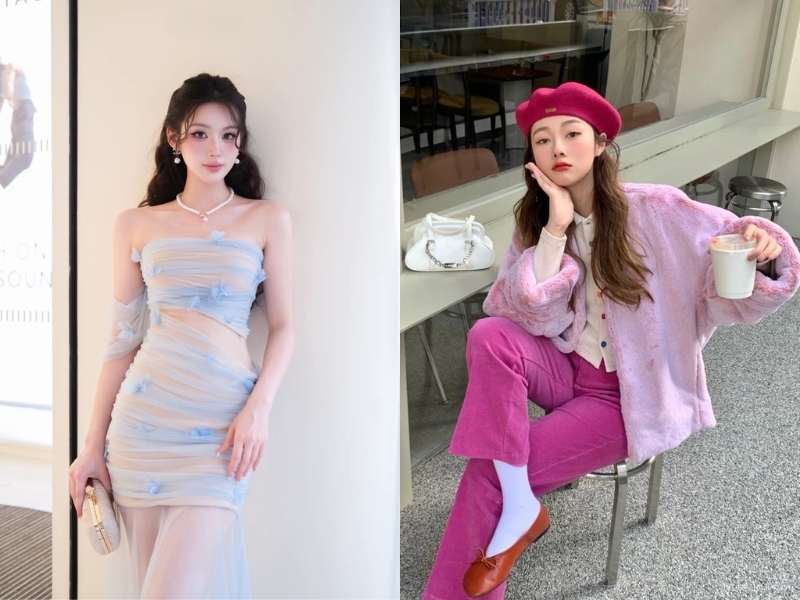 Phối đồ cho người gầy với outfit màu sáng xanh hoặc hồng sáng