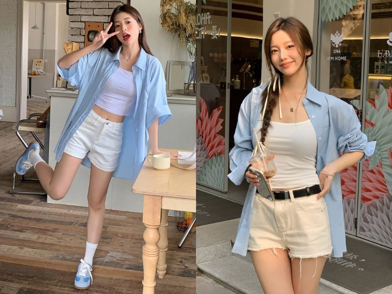 phối đồ với áo sơ mi form rộng và quần short