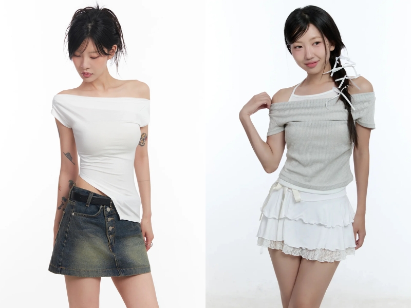 Phối áo trễ vai và chân váy ngắn