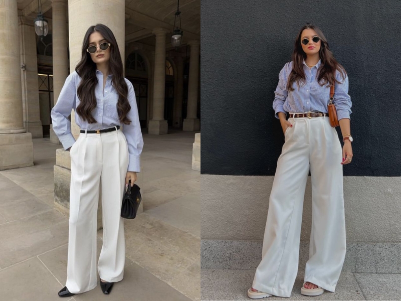 Phối áo sơ mi xanh dương và quần tây màu trắng (Nguồn: pinterest.com)