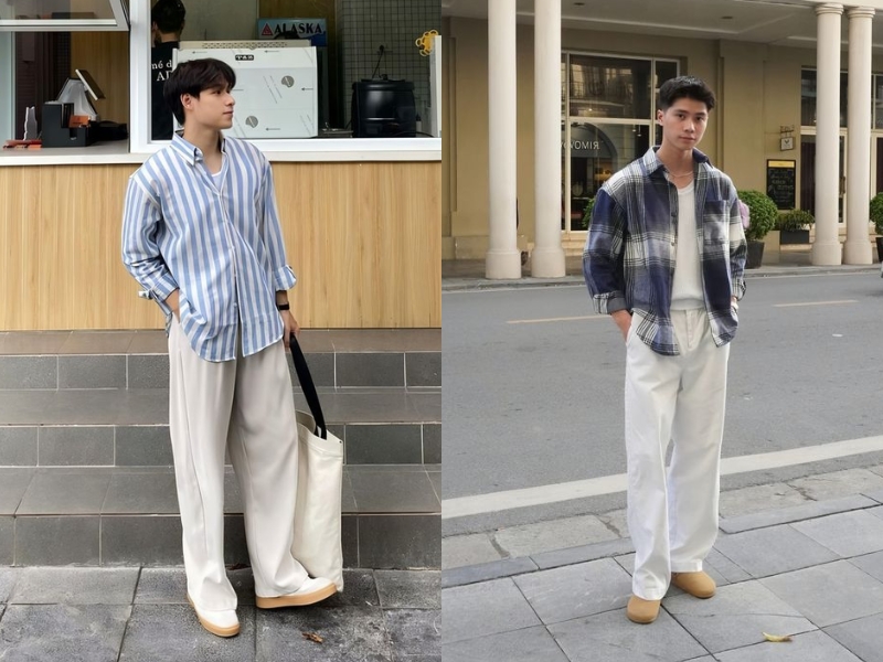 áo sơ mi cùng quần ống rộng