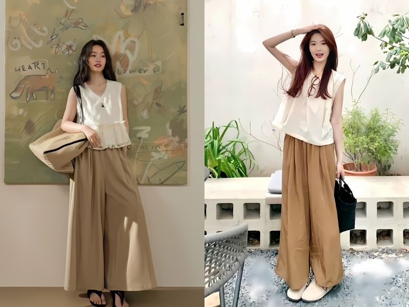 Quần chun ống rộng cạp cao phối với áo sát nách nữ