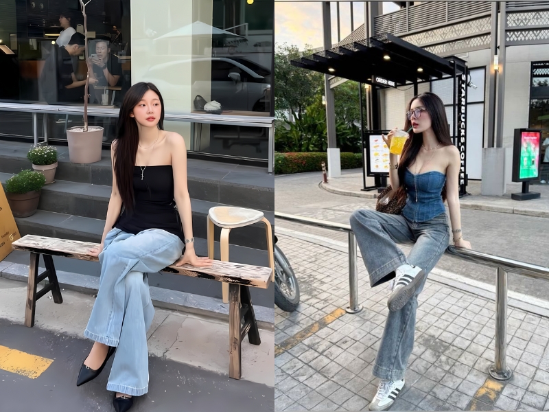 phối quần jeans ống rộng và áo tube gợi cảm 