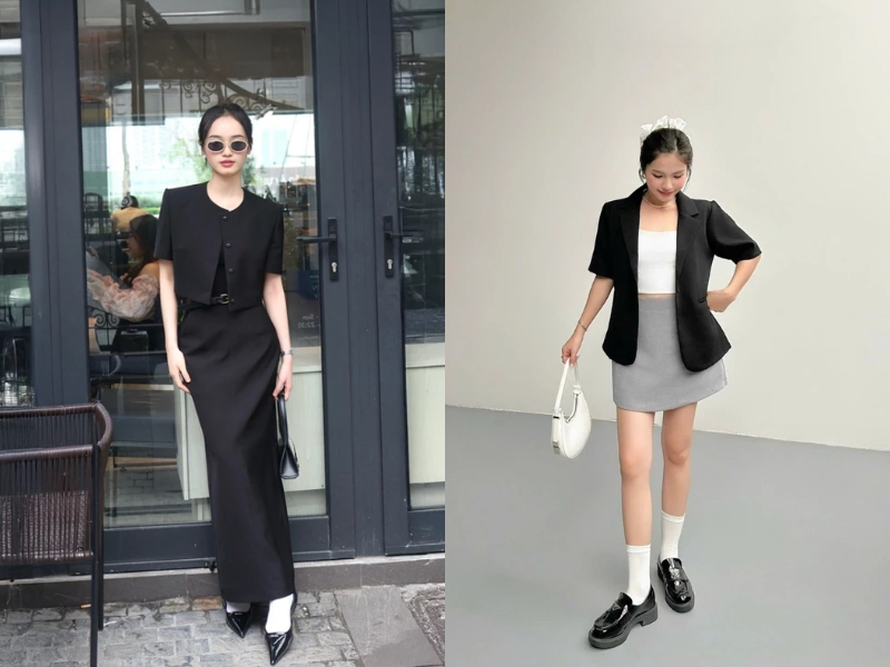 Cách phối blazer đen nữ với chân váy