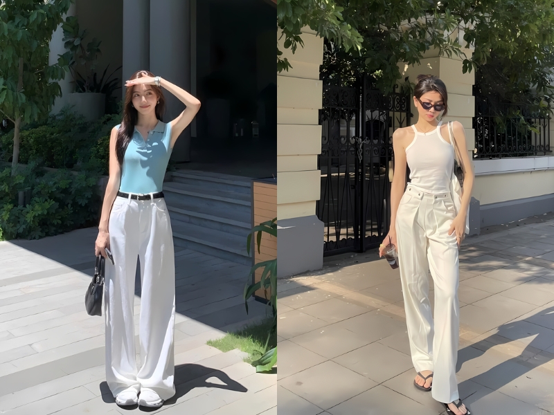 phối đồ với áo sát nách ôm nhẹ và quần jean ống suông 