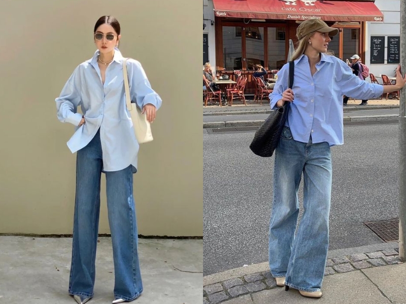 áo sơ mi form rộng màu xanh dương với quần jean