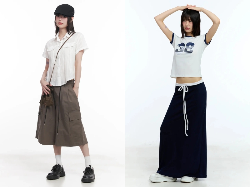 Phối áo croptop trắng cùng chân váy  dài phong cách y2k 