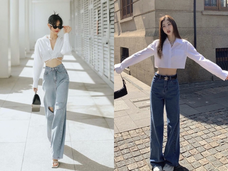 Cách phối áo sơ mi trắng croptop với quần jean 