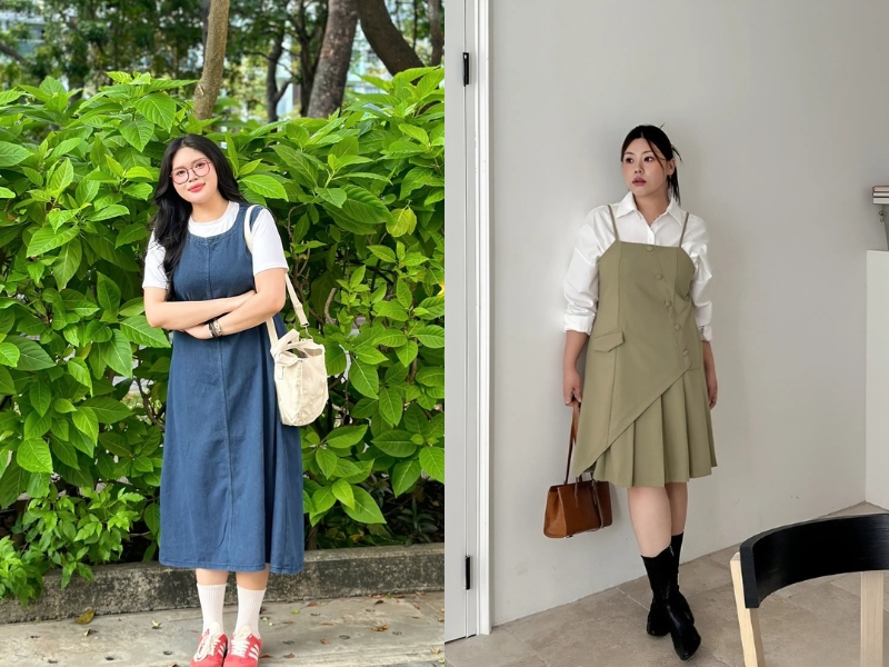 outfit váy hai dây và áo bên trong cho nữ mập đi đám cưới