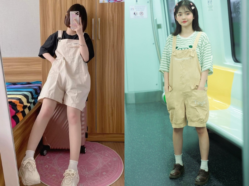phối đồ với quần yếm cho nữ tóc ngắn năng động
