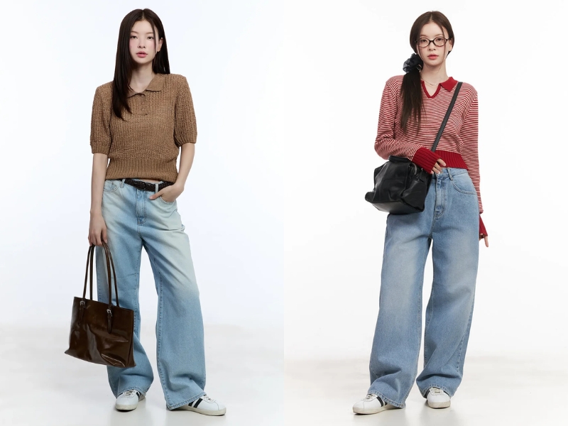 phối áo polo với quần ống rộng 