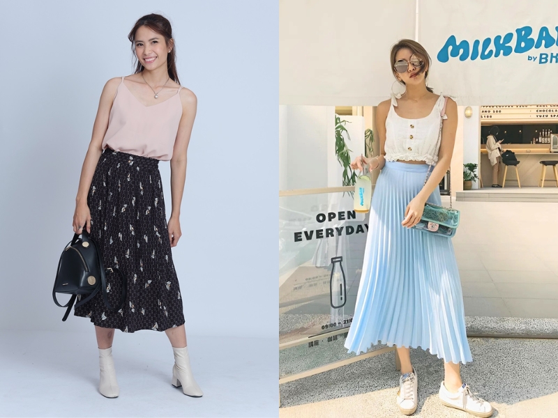 phối chân váy xếp ly cùng áo hai dây