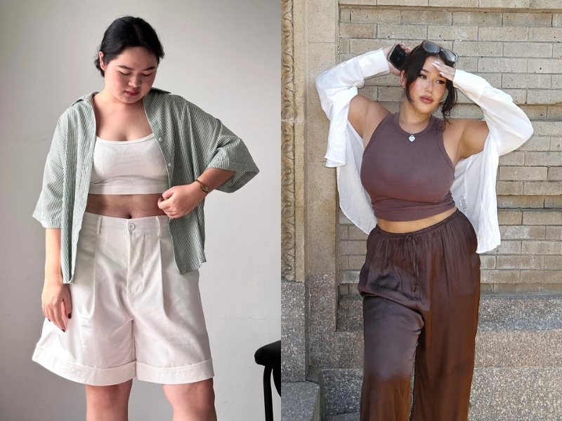 cách phối đồ với áo sơ mi oversize đi biển với áo ba lỗ bên trong cho nữ béo
