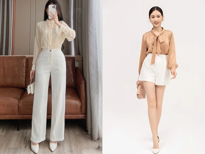 áo màu be phối với quần hoặc chân váy ngắn màu trắng