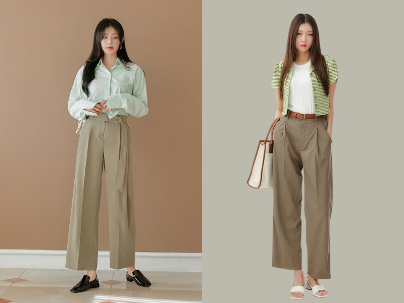 Áo sơ mi xanh lá phối cùng quần màu be 