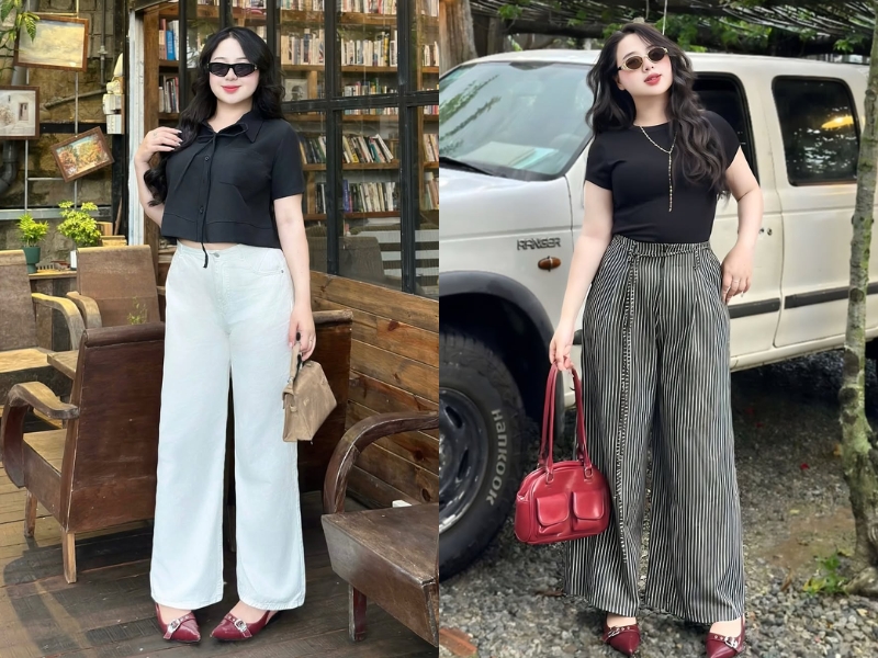 phối đồ với quần ống rộng cùng áo đen cho người mập