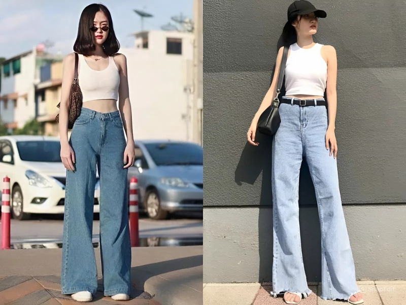 Phối đồ với quần jean ống suông và áo tank top màu trắng