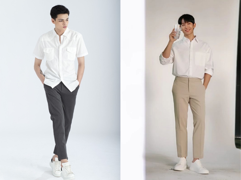 áo sơ mi trắng và quần kaki