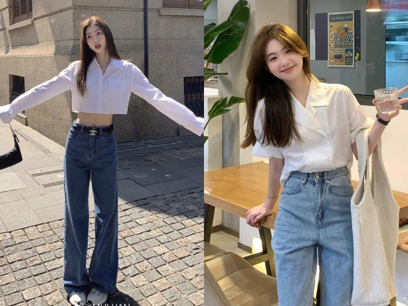 Phối áo sơ mi trắng với quần jean. 