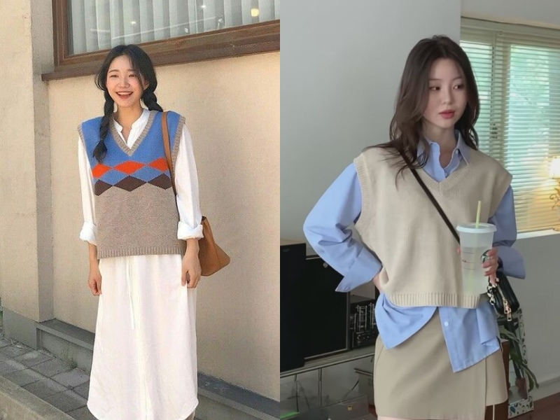 phối đồ với áo gile len vào áo sơ mi