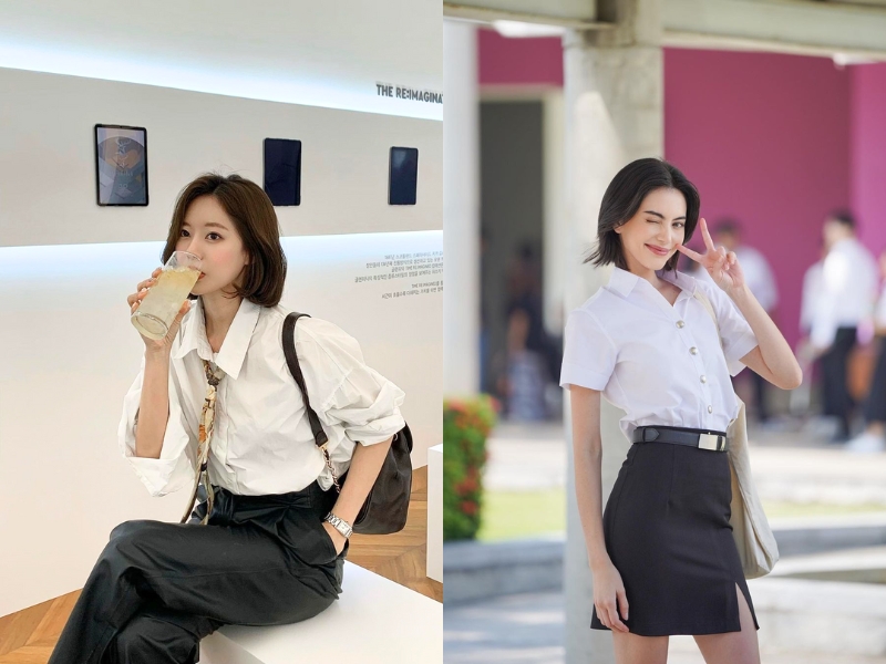 phối đồ nữ tóc ngắn với áo sơ mi và quần dài hoặc chân váy ngắn