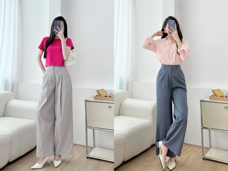 Phối đồ quần tây ống rộng với áo thun, áo sơ mi