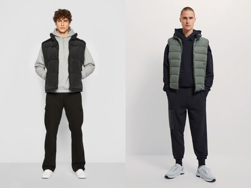 Áo phao ba lỗ phối cùng áo hoodie