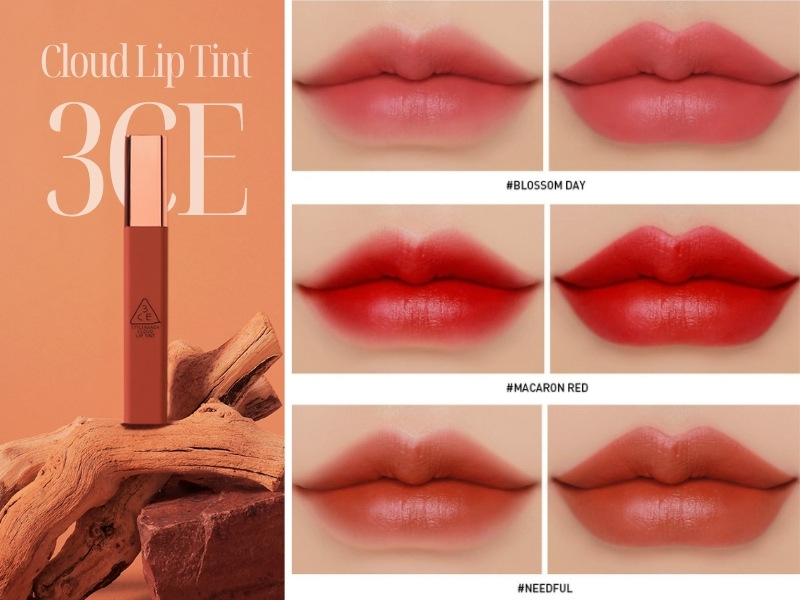 Blossom Day, Macaron Red và Needful là 3 tông màu nổi bật nhất của dòng son 3CE Cloud Lip Tint (Nguồn: 3CE/shopee.vn)
