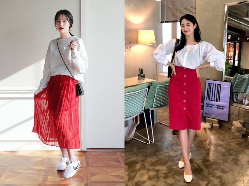 Áo thun đen tay dài phối cùng chân váy dài màu đỏ