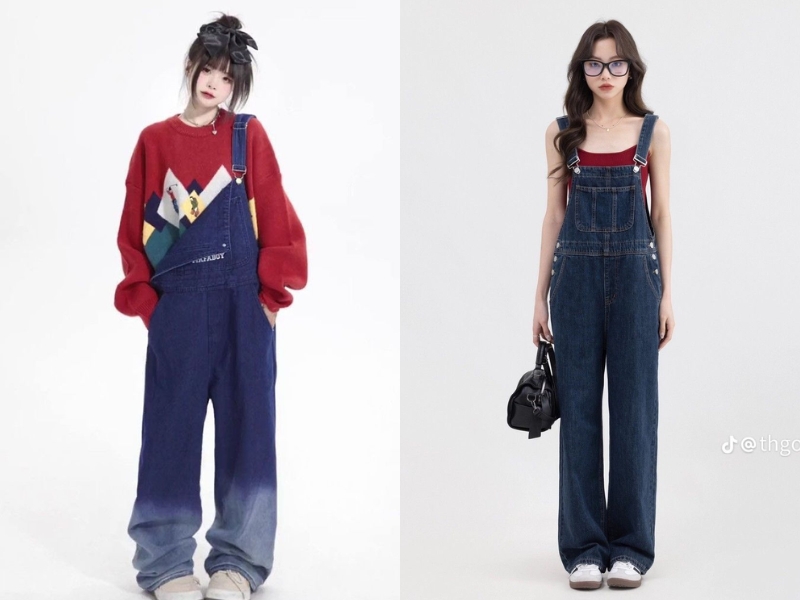 Áo thun đỏ phối cùng quần yếm jeans
