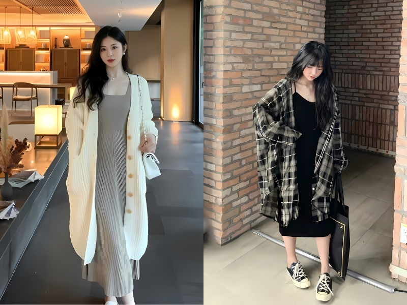 cách phối đồ với áo cardigan dáng dài và đầm suông