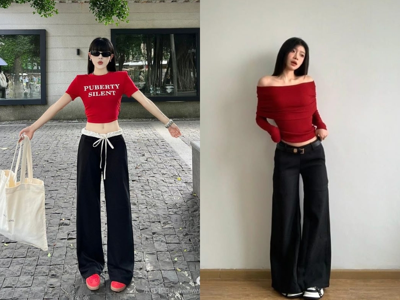 Quần tây đen phối cùng áo croptop đỏ