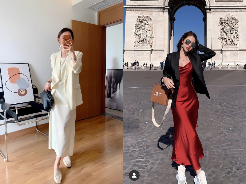 phối đồ nữ sang trọng với đầm midi lụa và áo blazer
